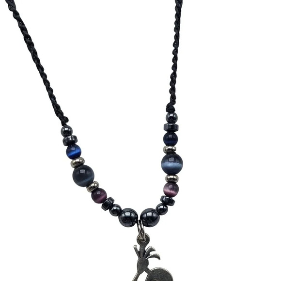 Glass Beads Kokopelli Pendant Braided Cord Necklace Silver Tone Vintage - Picture 3 of 8